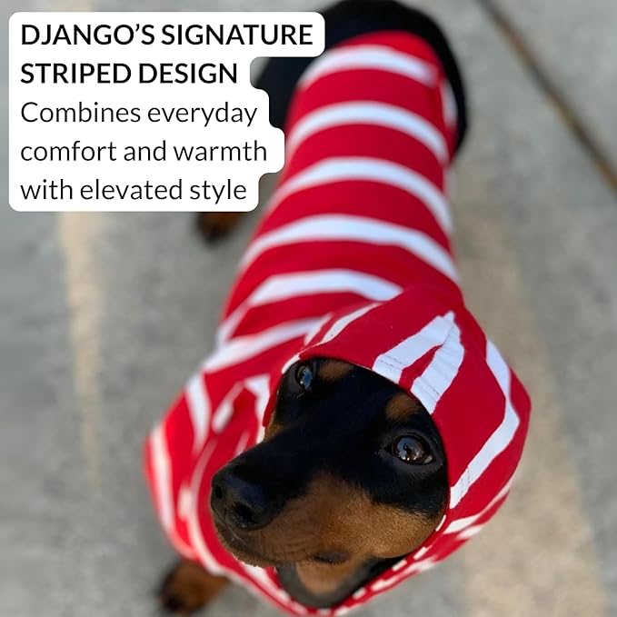 DJANGO Dog Hoodie – Warm, Lightweight, Soft & Stretchy Dog Sweater with Hood, Harness Hole & Elastic Waistband – Cozy Sweatshirt for Small Dogs up to 25 lbs, Dachshunds & Puppies – Crimson Red, Medium