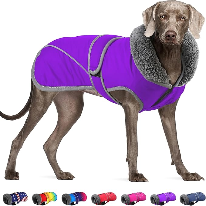 Dogcheer Dog Coat, Waterproof Dog Jacket Reflective Pet Winter Coat with Adjustable Hook & Loop, Christmas Puppy Fleece Jacket Warm Turtleneck Snowsuit for Small Medium Large Dogs - Purple, 3XL