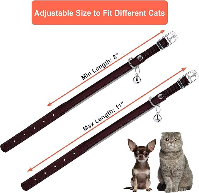 OOPSDOGGY Rolled Leather Cat Collar with Bell, Reflective Kitten Collars with Buckle Include Safety Elastic Strap - Adjustable Small Pet Collars for Boy Girl Cats (Burgundy)