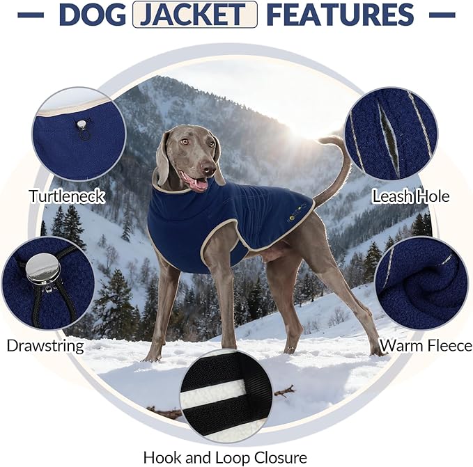 ROZKITCH Reversible Large Dog Jacket, Warm Fleece Sherpa Sweater with Leash Hole, Windproof Cold Weather Coat Winter Clothes Double-Sided Winter Vest for Large Giant Breeds DarkBlue 4XL