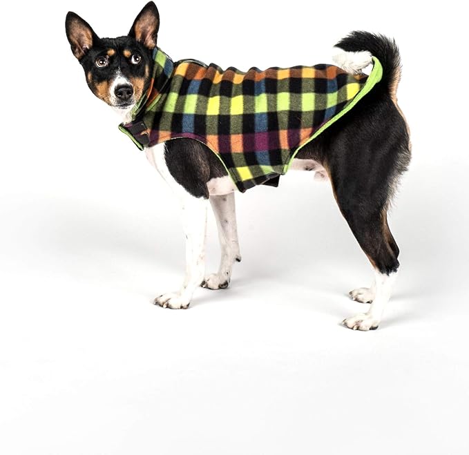 The Worthy Dog Fargo Fleece Plaid Dog Jacket, Adjustable Reversible with Harness Hole, Wind-Resistant, Winter Outdoor Clothes for Pets, Tan - 24''