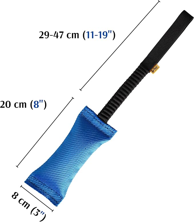 Dingo fire Hose tug Toy for Dog with Strong Bungee Handle, Long Toy for Dog Training, Agility Sport, tug of war, Handle 11-19in Blue 15670