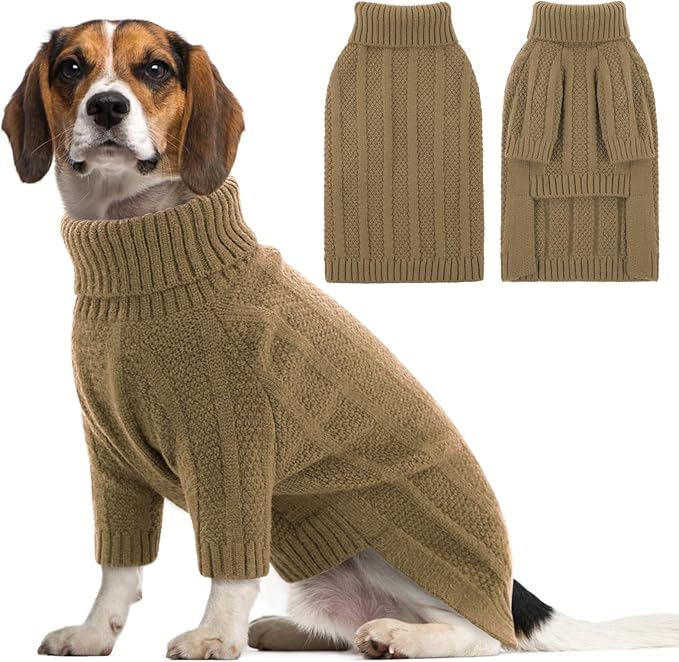 Queenmore Dog Sweater Large Size Dog, Large Dogs Sweaters Xmas,Turtleneck Pullover Pet Sweaters for Dogs Girls Boys,Sweater Pet L,Thanksgiving Knitted Doggy Sweater for French Bulldog(Camel,L)