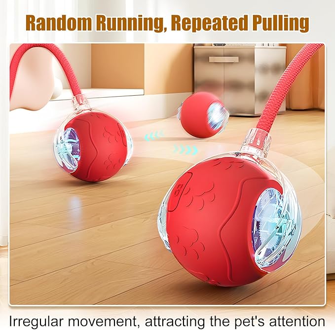 Interactive Cat Toys Ball for Indoor Cats, 2025 Newly Upgraded Automatic Rolling Balls, Moving Cat Ball with Elastic Mesh Tail, Kitten Toys for for Bored Indoor Adult Cats/Dog (Red)