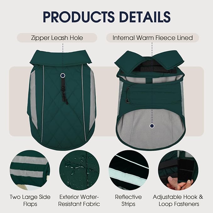 IECOii Dog Winter Jacket - Reflective & Waterproof & Windproof Coats with Adjustable, Warm Fleece Lining, Running, Camping, Green, Sizes XXXL