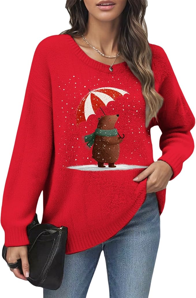 Women's Red Christmas Sweater - Festive Cartoon Patterns, Cozy Knit for Holiday Parties & Gatherings