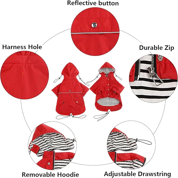 Morezi Dog Zip Up Raincoat with Reflective, Rain/Water Resistant, Adjustable Drawstring, Removable Hood, Raincoats with Legs 8lbs to 80lbs Available - Red - XXL