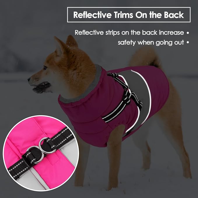 SUNFURA Dog Coat, XXXL Dog Jacket Winter with Harness Built in, Waterproof Pet Snow Jacket with Furry Collar for Chilly Day, Reflective Fleece Snowsuit for Extra Large Dogs, Hot Pink 3XL