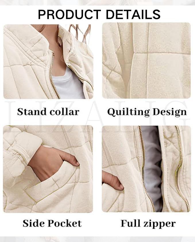 LIZALIG Warm Padded Coat for Women Full Zip Quilted Jackets Winter Oversized Causal Solid Color Stand Collar Pockets Coat