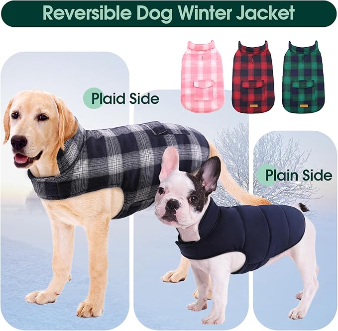 Kuoser Reversible Winter Coat, British Style Jacket for Small Dogs, Warm Windproof Puppy Cold Weather Clothes Vest, Blue XS