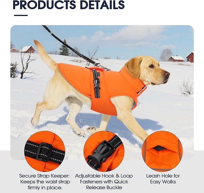 IECOii Warm Dog Jacket - Reflective & Adjustable Winter Vest, Windproof & Waterproof & Warm Fleece Coat for Great Dane, Snow & Rain Walking, Skiing, Orange, Size 5XL