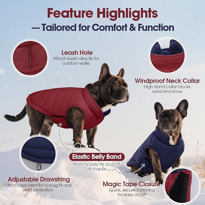 QBLEEV Reversible Dog Coat for Large Dogs, Waterproof Windproof Winter Jacket Keeps Big Breeds Warm & Dry, Adjustable Hook & Loop Puffer Vest, Wine Red, 3XL – Fits Labrador, Weimaraner, Great Dane