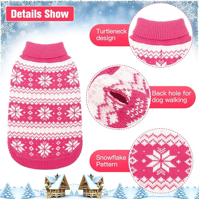 KOOLTAIL Cable Knit Dog Sweater Turtleneck, Cold Weather Pullover Classic Knitwear, Snowflake Pattern Thick Warm Winter Pet Clothes,Dog Christmas Sweater for Small Medium Large Dogs,Pink XL