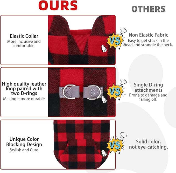 KOOLTAIL Dog Fleece Vest Sweater, Warm Puppy Christmas Jacket with Dual Leash D-Ring and Pocket for Small Medium Large Dogs, Soft Pet Winter Cold Weather Coat Fall Clothes Hoodie Boy Girl,Red Plaid XL