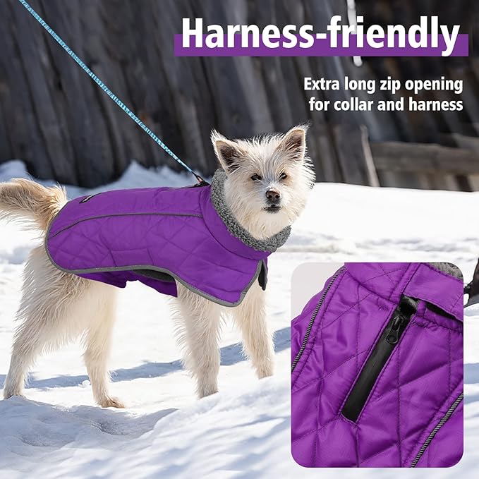 Fragralley Dog Coat Medium, Waterproof Dog Jacket with Warm Fleece Lining, Adjustable Reflective Dogs Winter Coat, Turtleneck Pet Coats for Cold Weather (Purple M)