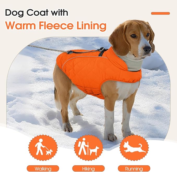 Dog Coat with Harness Built in -Orange,XS- Fleece Lined Dog Snow Jacket Snowsuit，Adjustable Reflective Winter Warm Cold Weather Coat