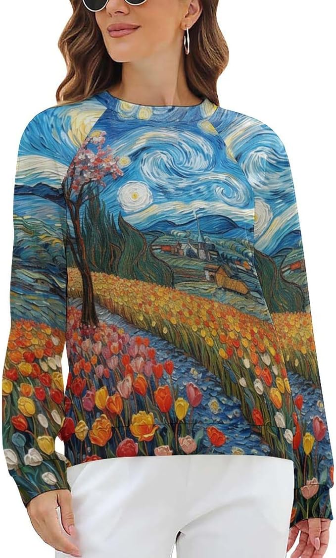 Long Sleeve Shirts for Women Cat Oil Painting Shirt 3D Graphic Sweatshirts Fall Pullover Crewneck Vintage Boho Tops