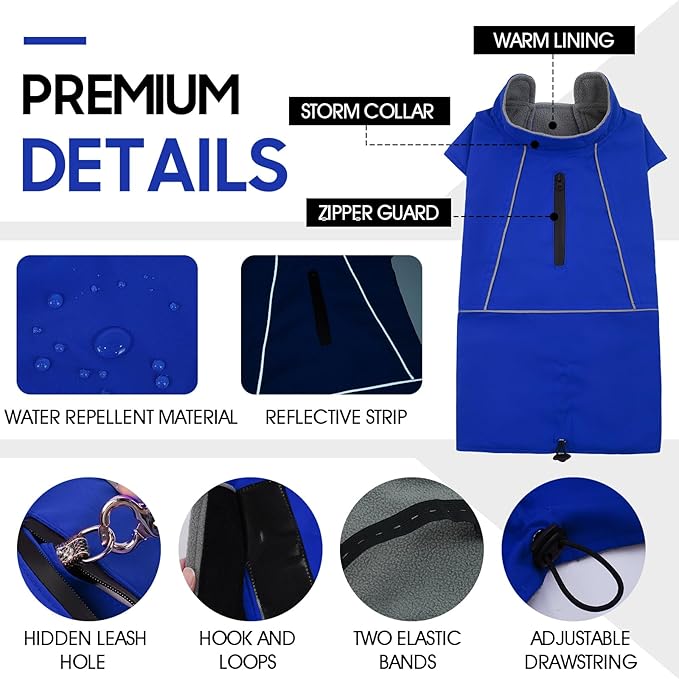 ROZKITCH Dog Coats for Large Dogs, Waterproof Raincoat Jacket Windproof Dog Rain Jacket with Fleece Liner & Leash Hole Elastic Bands for Large, Adjustable Belly Vest for Outdoor Hike Travel Blue 2XL