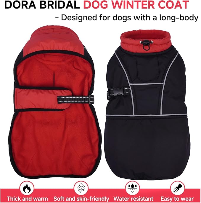 DORA BRIDAL Dachshund Coat, Fleece Lined Dog Winter Coat, Warm Dog Coats with Reflective Strips, Adjustable Waterproof Pet Jacket Clothes, XS