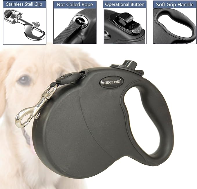 Retractable Dog Leash Hands-Free Adjustable Length 16ft with Safety Lock Durable Nylon Belt for Small Medium Large Dogs Easy Walk Training Portable Dog Leash Black M