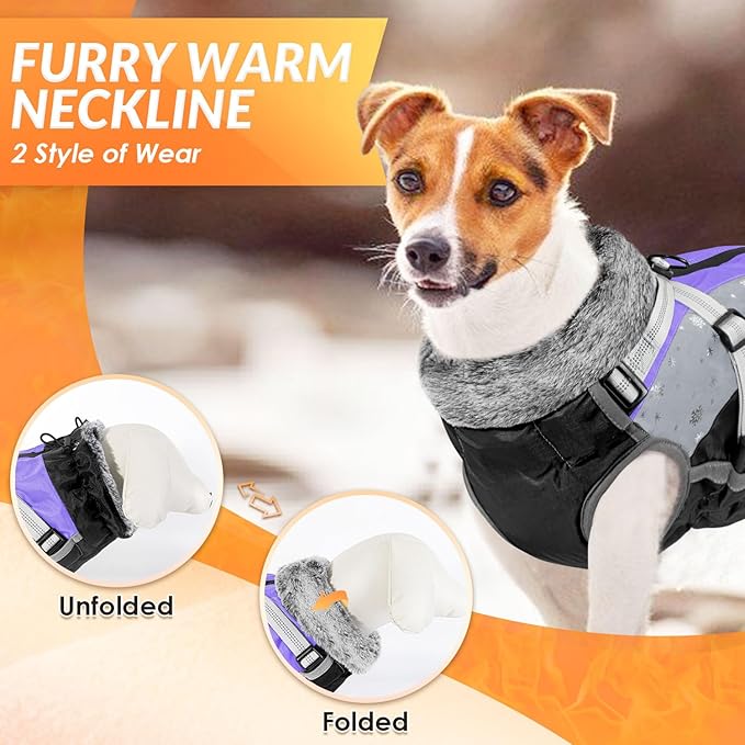 SlowTon Dog Jacket with Harness Built in - Waterproof Fleece Winter Warm Dog Coats for Small Medium Dogs, Reflective Adjustable Furry Puppy Vest Clothes for Outdoor Walking (Purple & Grey, M)