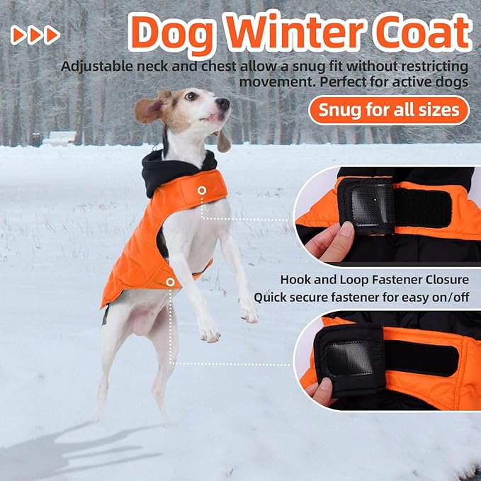 Nanaki Large Puffer Jacket for Dogs for Cold Weather-Warm Dog Winter Jacket with Leash Hole, Lightweight Windproof Puffer Vest with Hood for Outdoor Activities, Snowsuit Halloween Christmas, Orange
