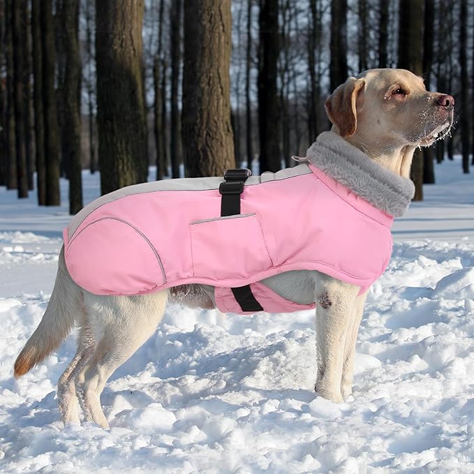 Queenmore Large Dog Cold Weather Coats, Fleece Collar Dog Apparel for Winter, Thick Dogs Snowsuit, XXL Pet Jackets Winter with Quick Release, Pink, XXL