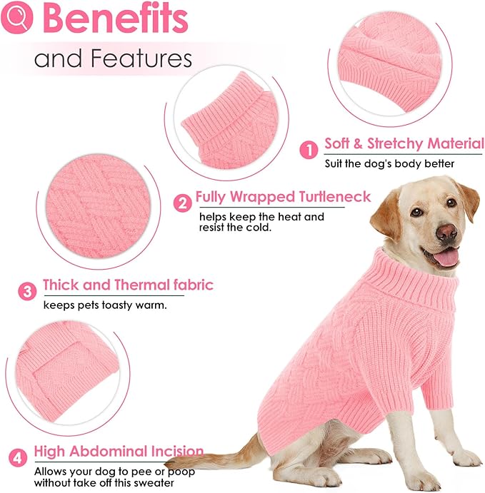 AOFITEE XL Dog Sweater, Dog Sweater Large Size Dogs, Large Dogs Sweaters for Female Male, Turtleneck Thick Warm Knitted Winter Fall Pet Sweatshirt Pullover, Solid Pet Christmas Sweaters (Pink, XL)