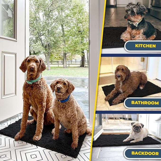 Muddy Mat® AS-SEEN-ON-TV Highly Absorbent Microfiber Door Mat and Pet Rug, Non Slip Thick Washable Area and Bath Mat Soft Chenille for Kitchen Bathroom Bedroom Indoor and Outdoor - Black XXL 60"X48"