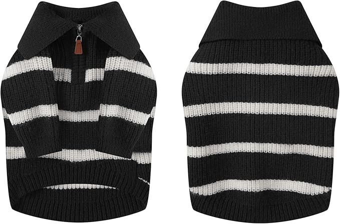 Small Dog Sweater with Zipper, Knitted Striped Pullover Dog Clothes for Cold Weather, Thick Warm Cozy Stretchy Sweater for Chihuahua, Bulldog, Dachshund, Pug(Black & White Strip, XXL)
