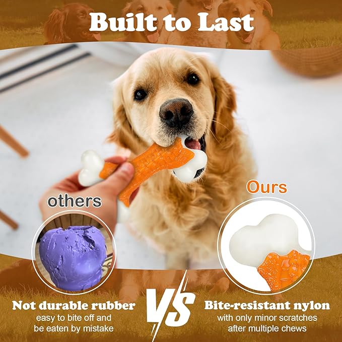 6-Pack Dog Toys for Aggressive Chewers Large Breed, Tough Bones, Nylon Puppy Teething Chew Toys Medium Dogs, Heavy Duty Peanut Butter Flavor Toys