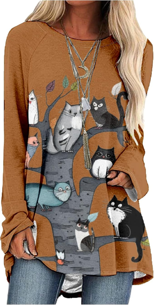 Womens Tunic Shirt Cute Cat Print Long Sleeve Round Neck Women T Shirts Cotton Casual Plus Size Vacation Tunics Tops