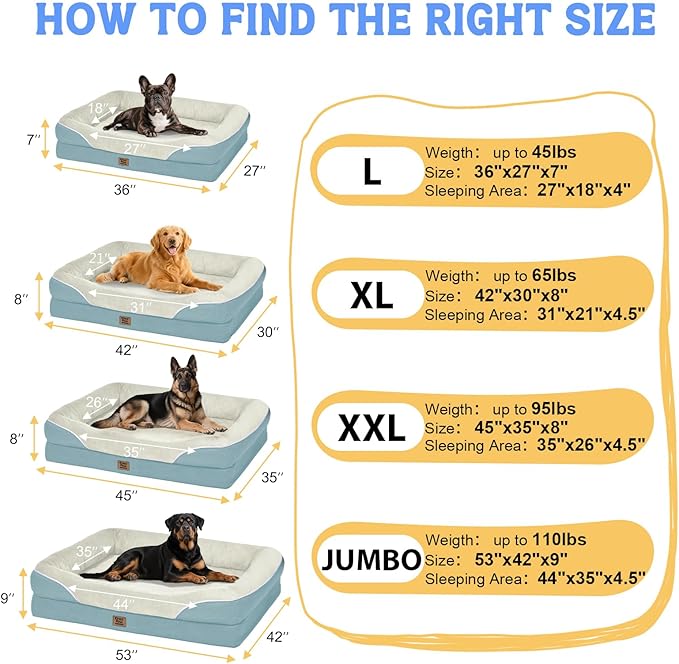 Washable Orthopedic Large Dog Bed - Dog Beds Large Sized Dogs with Removable Cover Waterproof Orthopedic XL Pet Bed with Bolster
