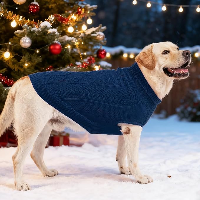 PUPTECK Dog Sweater, Turtleneck Warm Knitted Pullover Coat, Thick Cable Knitwear Clothes in Winter, Pet Apparel Outfits for Large Dogs, for Cold Weather Indoor & Outdoor, Deep Blue L
