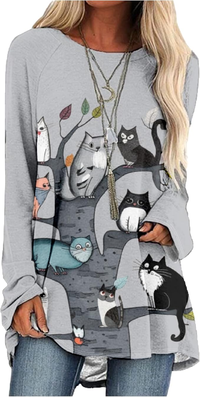 Womens Tunic Shirt Cute Cat Print Long Sleeve Round Neck Women T Shirts Cotton Casual Plus Size Vacation Tunics Tops