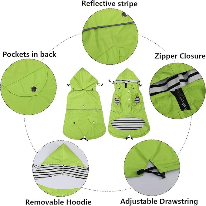 Dog Raincoat Waterproof Raincoats Dog rain Jacket Buttons Zipper Hood Drawstring Suitable for Small Medium Yorkie Terrier Schnauzer Poodle Border Collie Labrador 8lbs to 80lbs Green XS