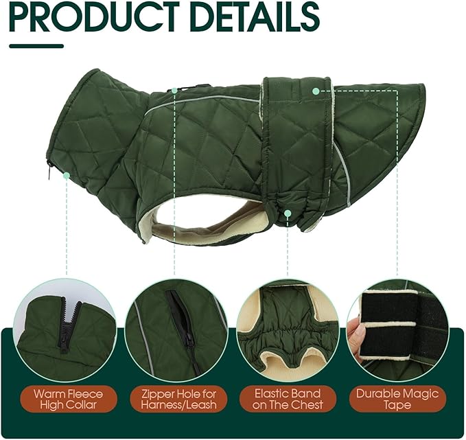 Kuoser Extra Warm Dog Coat, Windproof Cold Weather Jacket for Large Dogs, Fleece Lining Christmas Dog Jacket Pet Turtleneck Snowsuit with Reflective Strips Adjustable Winter Outfit, Green XL