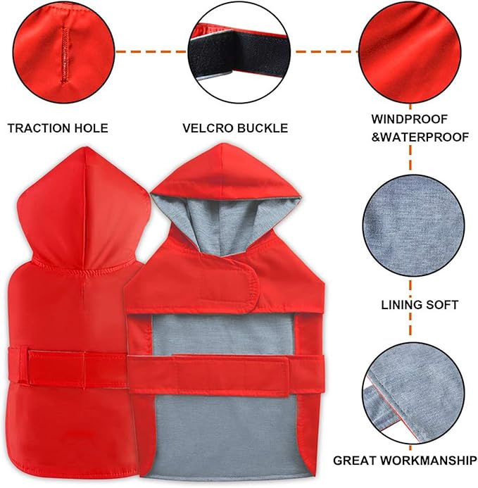Dog Raincoat Dog Rain Jacket Poncho Waterproof Pet Rain Suit Double Layer Breathable Lining Hooded Leash Hole Adjustable Puppy Small Medium Dogs,Red,XXL