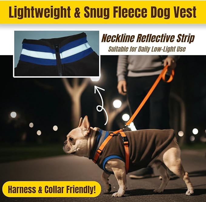 Winter Classic Warmth Turtleneck Vest Fleece Dog Sweater, Lightweight & Soft Coat for Large Dogs with Back-Zipper, Thermal Doggie Vests Clothes with Reflective Strips, Pitbull Male Female(Brown, 2XL)