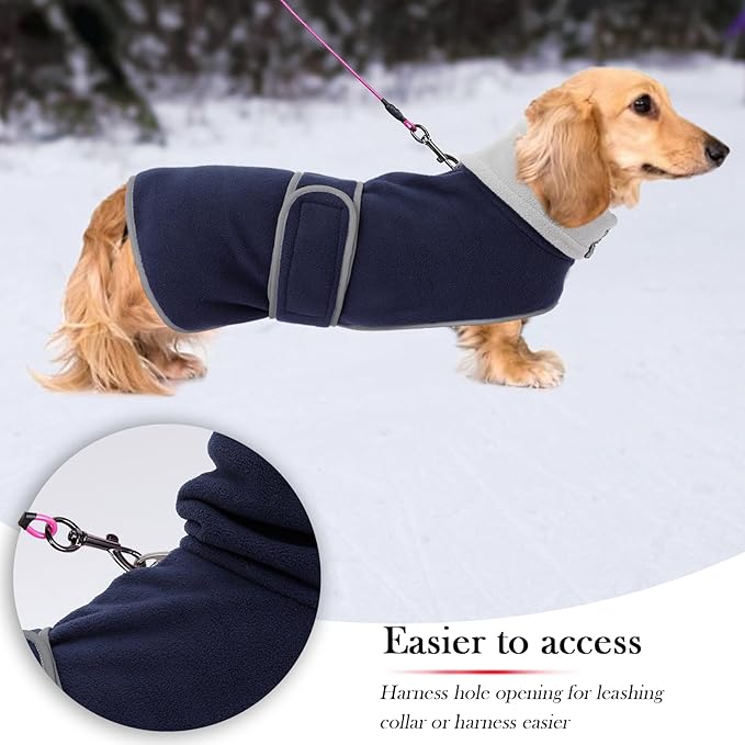 Dog Jacket Perfect for Dachshunds - Winter Coat With Padded Fleece Lining and High Collar, Snowsuit With Adjustable Bands - Navy - L