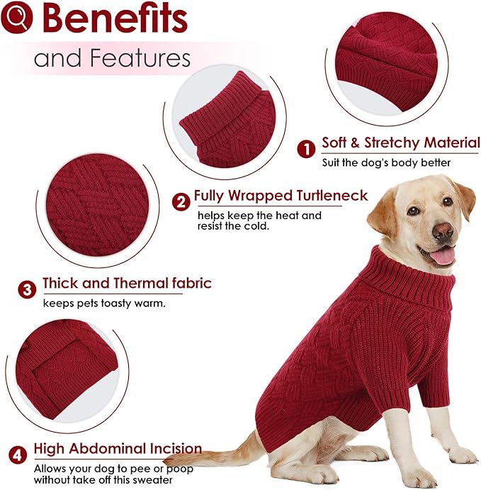 AOFITEE XXL Dog Sweater, Christmas Sweaters for Large Dogs, Warm Turtleneck Dog Sweater for Fall Winter Cold Weather, Solid Dogs Knit Sweatshirt for Golden Retriever, Labrador, Doberman (Red, 2XL)