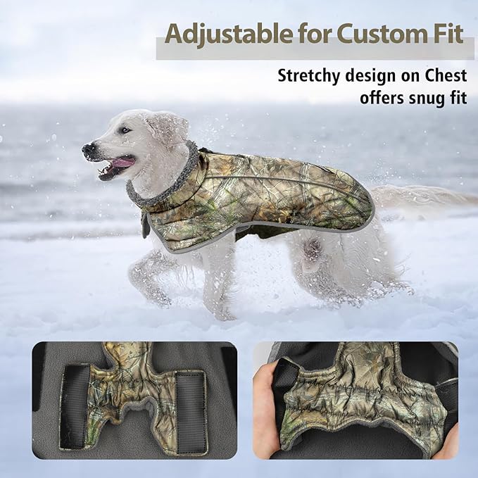 Fragralley Dog Coat Large, Waterproof Dog Jacket with Warm Fleece Lining, Adjustable Reflective Dogs Winter Coat, Turtleneck Pet Coats for Cold Weather (Reed Camouflage L)