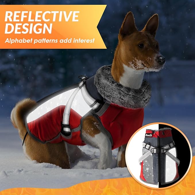SlowTon Dog Jacket with Harness Built in - Waterproof Fleece Winter Warm Dog Coats for Small Medium Dogs, Reflective Adjustable Furry Puppy Vest Clothes for Outdoor Walking (Red & Black,M)