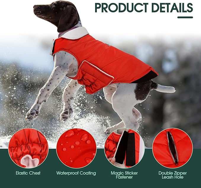 Kuoser Dog Coat Small, Cold Weather Reflective Waterproof Dogs Jacket with Warm Fleece Lining, Turtleneck Dog Winter Coat with Zipper, Doggy Snow Jacket Pet Coats for Small Medium Large Dogs, Red S