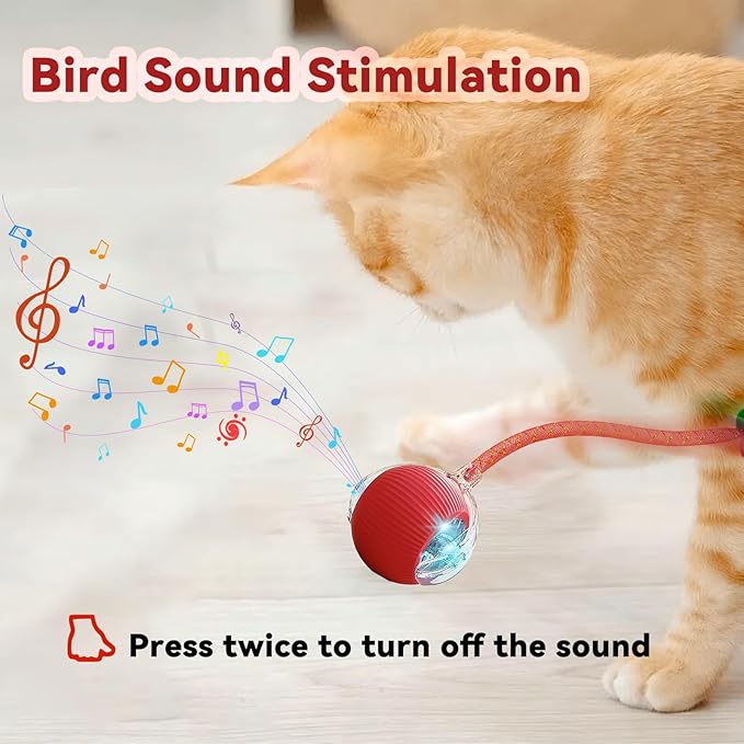 Interactive Cat Toys for Indoor Cats, Automatic Cat Toy with Elastic Mesh Tail, Electric Rolling Ball on Carpet, Chirping and Motion Activate Cat (Yellow)