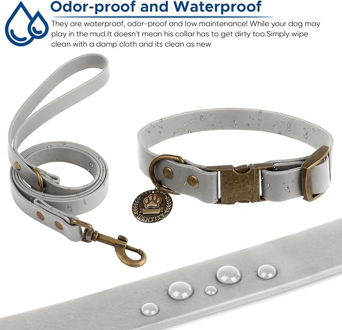 Wisedog Dog Collar and Leash Set, Waterproof Adjustable Puppy Collars with Cute Tag 6FT Dog Leash with Poop Bag for Small Medium Large Dogs (XS(Collar:8.5"-12";Leash:4 ft), Grey)