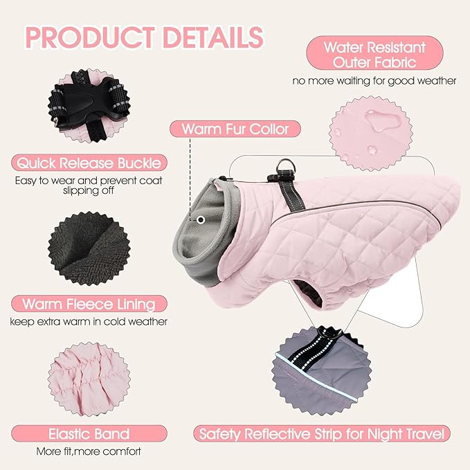 Dog Coat with Harness Built in -Pink,Medium- Fleece Lined Dog Snow Jacket Snowsuit，Adjustable Reflective Winter Warm Cold Weather Coat