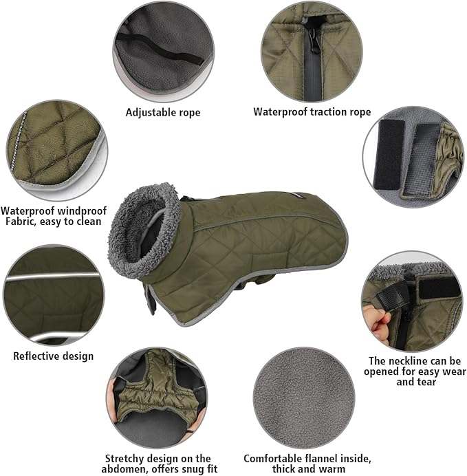 Fragralley Dog Coat Large, Waterproof Dog Jacket with Warm Fleece Lining, Adjustable Reflective Dogs Winter Coat, Turtleneck Pet Coats for Cold Weather (ArmyGreen XXL)