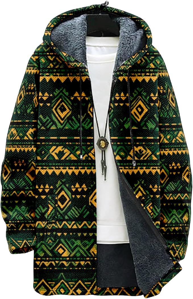 Mens Aztec Print Hoodie Heavyweight Cotton Fleece Jacket Zip Up Warm Long Sleeve Hooded Winter Midi Coat