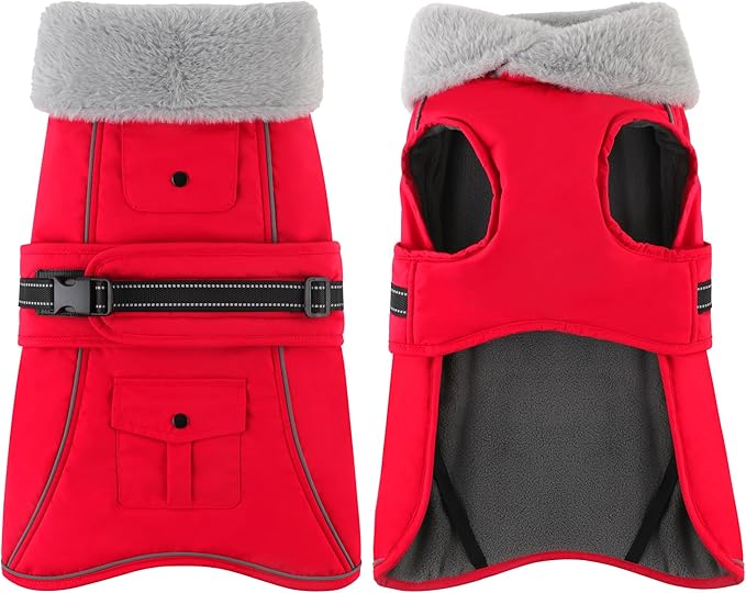 Dogcheer Dog Coat with Pocket, Waterproof Dog Jacket with Adjustable Buckle, Reflective Puppy Winter Coat Warm Turtleneck Fleece SnowJacket for Small Medium Large Dogs - Red 3XL
